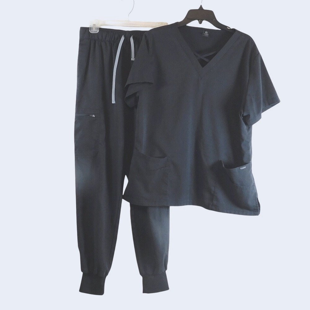 VIAOLI Womens Black Scrub Set V-Neck Crisscross Top and Jogger Pants Size L